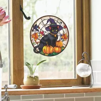 Fun-f197 Хэллоуин Круглый Мультфильм Черный Кот Тыква Стекло Окно Украшения Наклейка Статичный 38*38CM/fun-f197 uv