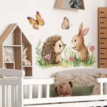 Fun-f298 Мультфильм Маленький Ежик Кролик Бабочка Цветок Спальня Гостиная Домашнее Украшение Наклейка На Стену 40*50cm/fun-f298