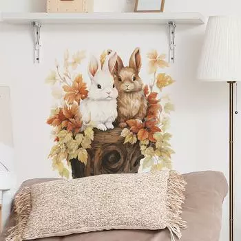 Fun-f64 Мультфильм Кролик Любители Падающих Листьев Спальня Гостиная Стена Украшает Декоративные Наклейки На Стены 39*39CM/fun-f64
