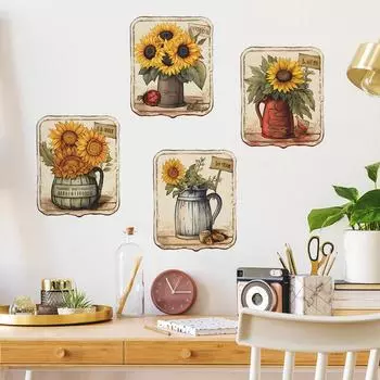 Fun-f72 Картина маслом Подсолнух Спальня Гостиная Фон Ремонт Украшения Дома Декоративные Наклейки На Стены 29*35cm*4pcs/fun-f72