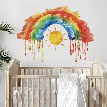 Fun-L031 Мультфильм Акварель Ветер Радуга Солнце Спальня Гостиная Стена Ландшафтный дизайн Декоративные настенные наклейки Самоклеящиеся 35*98CM*2PCS/fun-L031