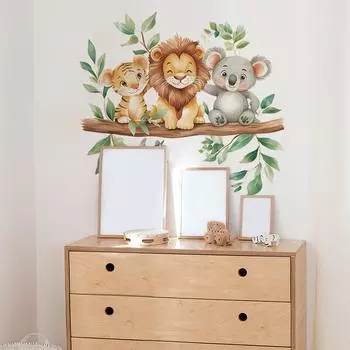 Fun-L096 Комбинация мультяшных животных Лев Тигр Коала Зеленый Растительный Фон Ландшафтный Дизайн Декоративные Наклейки На Стены 35*98cm*3pcs/fun-L096