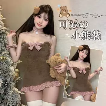 Забавная плюшевая ночная сорочка без спинки горничной-медвежонка, сексуальная пижама с кружевным бантом, юбка на бедрах, оптом F570 One size