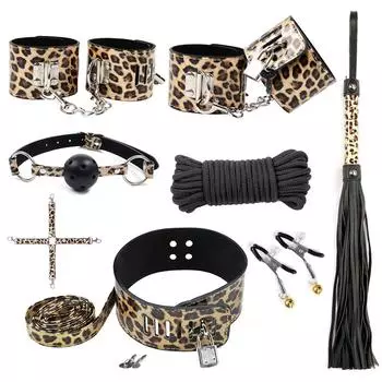 Fun toy set sm fun bundled lace handcuffs leopard print whip collar bondage traction chain