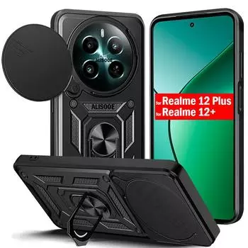 Funda для Realme 12 Plus 5G Чехол-слайд для камеры, защитное кольцо, подставка, защитный чехол для Realme 12+ 5G Capa for Realme 12 Plus чёрный