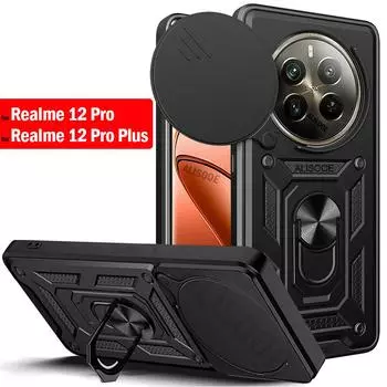 Funda для Realme 12 Pro Plus 5G Case Armor Slide Camera Ring Stand Защитная крышка для Realme 12 Pro Case Capa Realme 12 Pro Plus чёрный