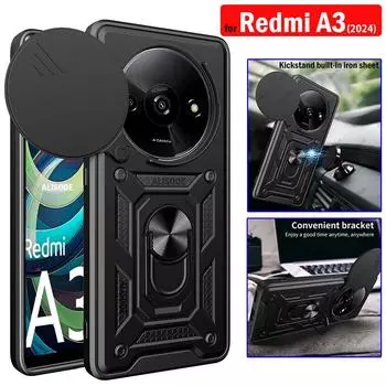 Funda для Redmi A3 Чехол Slide Camera Защитный чехол для Xiaomi Redmi A3 2024 Чехол Armor Ring Stand Shockproof Capa for Redmi A3 чёрный