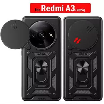 Funda для Redmi A3 Чехол Slide Camera Lens Protection Armor Ring Stand Защитный чехол для Xiaomi Redmi A3 Противоударный чехол for Redmi A3 красный