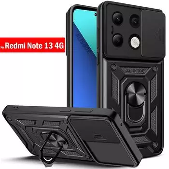 Funda для Redmi Note 13 4G Чехол-слайдер для камеры Кольцо-подставка Защитный чехол для телефона Xiaomi Redmi Note 13 4G Armor Capa for Redmi Note 13 4G чёрный