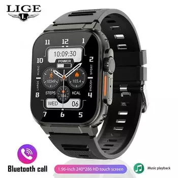 Функция записи LIGE, умные часы с циферблатом SIRI, 600 мАч, большая батарея, TWS Music 100+, спортивные часы, умные часы с настоящим кислородом в крови, мужские умные часы silicone strap чёрный