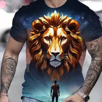 Funny 3D Lion Print Men Fashion Animal Pattern Oversized Casual O-neck Short Sleeve Top Breathable S