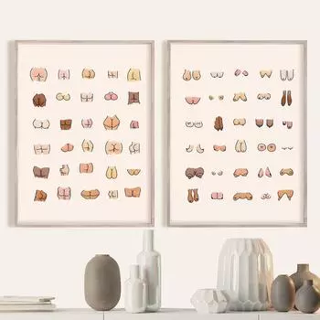 Funny Bathroom Bum and boobs Wall Art Canvas Painting Illustration Line Nude Poster and Print Picture Home Decor for Living Room 21x30cm No Framed белый