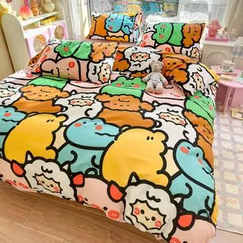 Funny Cartoon Animals Duvet Cover Set 100% Cotton Skin-friendly Breathable Zipper Quilt Cover with 2 Pillowcases Bedding Set 150x200cm Single 3Pc
