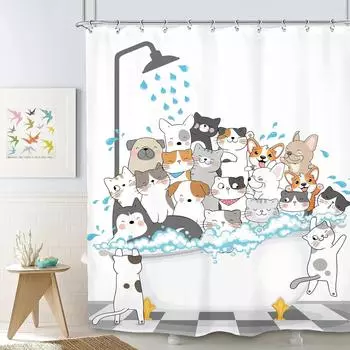 Funny Cat and Dog Shower Curtain Kids Cartoon Cute Pet Animals Bathtub Rain Shower Curtains Polyester Bathroom Decor with Hooks 90x180cm