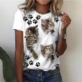 Funny Cat Animal 3D Print Women Fashion Casual Short Sleeve Y2k Harajuku Streetwear Tops S