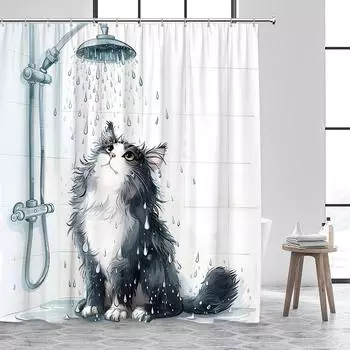 Funny Cat Riding Dinosaur Shower Curtain Cute Animal Surfboard Sea Waves Japanese Landscape Kids Bath Curtains Bathroom Decor 90x180cm-35x70in