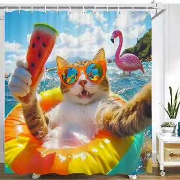 Funny Cat with Sunglasses Waterproof Mildew-Resistant Shower Curtain - Tropical Beach Design for a Playful Bathroom Dcor W90XH180cm