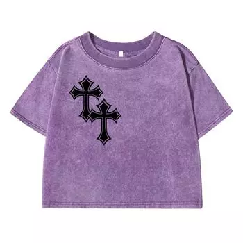 Funny Cross Pattern Printing Women Washed Short T Shirt Summer Midriff-Baring Tshirt Street Casual Distress Top M