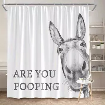 Funny Donkey Shower Curtain - Are You Pooping? Design, White Polyester, Hooks Included, Humorous Modern Bathroom Decor 90X180cm