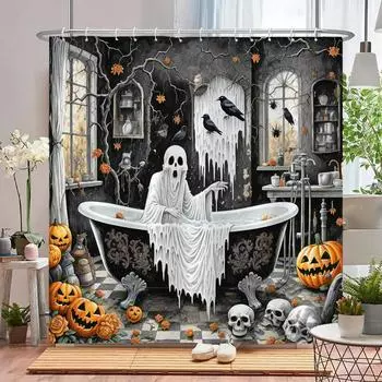 Funny Halloween Shower Curtain Waterproof Bathroom Curtain Horrible Wacky Skeleton, Ghost, Dark style home Decorative Curtain W90xH180cm