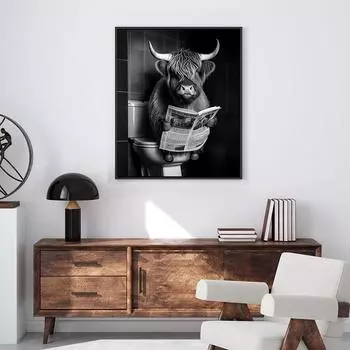 Funny Highland Cow Watch Newspaper In Toilet Canvas Prints Farmhouse Wall Art Poster For Bedroom Living Room Bathroom Home Decor 21x30cm No Framed белый