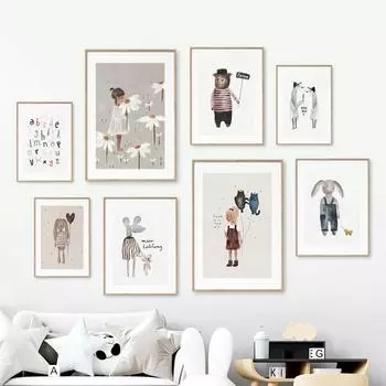 Funny Rabbit Mouse Goose Bear Cat Girl Flower Balloon Alphabet Retro Poster Prints Wall Art Canvas Pictures Baby Kids Room Decor No Frame 21*30cm No Frame