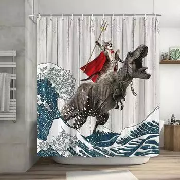 Funny Shower Curtain Brave Cat Cartoon Shower Curtain Waves Ocean Decor Fabric Shower Curtain Set with Hooks Bathroom Decoration 90x180cm-35x70in