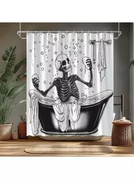 Funny Skull Shower Curtain Black White Skeleton Bathtub Spooky Cool Halloween for Men Boys Gothic Bathroom Curtains Set with 150x180CM