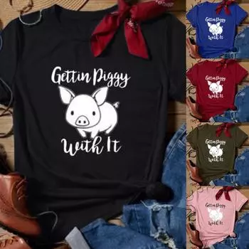 Забавные футболки с принтом свиньи, новые летние женские модные топы с короткими рукавами, повседневная футболка L чёрный