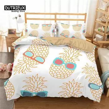 Funny Tropical Fruit Bedding Set Microfiber Pineapple Pear Geometric Pattern Duvet Cover With Pillowcases For Kids Bedroom Decor EU single(135x200cm)