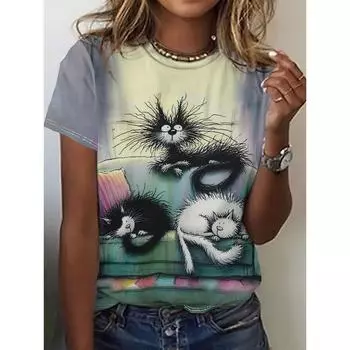 Funny Women Animal Graphic Print Summer Round Neck Short Sleeve Top Outdoor Oversized S