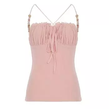 Funoff French style Retro Pink Beaded Cross Hanging Neck Cami Sexy Low Cut Waist Hugging Bandage Top Pink S