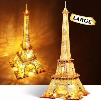 FUNPOLA 3D Puzzle Акриловый 3D Puzzle Металлический пазл Светящаяся модель здания Эйфелевой башни Архитектурная модель здания Парижские достопримечательности ночью Интерьер золотой