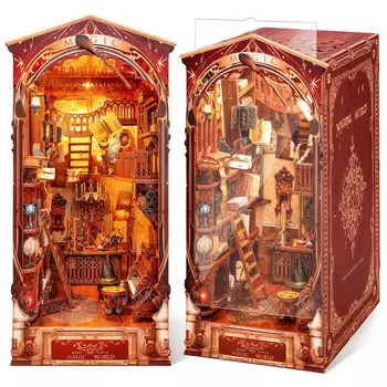 FUNPOLA 3D Puzzle Book Nook Kit Booknook Wooden Puzzle DIY Miniature Dollhouse with LED Light Book shelf Holder Bookends Bookstand Display Craft Set