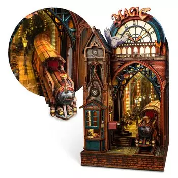 FUNPOLA Деревянный пазл 3D пазл Magic Train Book Nook Kit Booknook Деревянный пазл DIY Миниатюрный кукольный домик со светодиодной подсветкой Держатель для книжной полки Подставки для книг