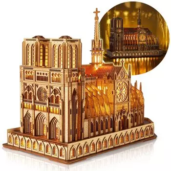 FUNPOLA LED 3D Puzzle Деревянный пазл 3D Puzzle Собор Парижской Богоматери Архитектурная модель Светодиодная подсветка Версия DIY Craft Kit Архитектурный набор Интерьер