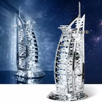FUNPOLA LED Акрил 3D Пазл 3D Пазл Светящийся Burj Al Arab Металлический Пазл Модель Строения DIY Архитектурный Модельный Комплект Достопримечательности Дубая ночью Английский серебряный