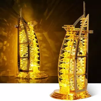 FUNPOLA LED Акриловый 3D Пазл 3D Пазл Светящийся Burj Al Arab Металлический Пазл Модель Строения DIY Архитектурный Модельный Набор Достопримечательность Дубая ночью