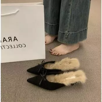 Fur Bow Pointed Toe Women Cotton Slippers Suede Mules Heels Shoes Woman 2025 Winter Boots Elegant Dress Flip Flops Mujer Zapatos 35