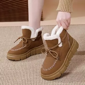 Меховые балетки замшевые женские зимние ботинки на платформе теплые плюшевые хлопковые туфли на среднем каблуке 2025 года трендовые повседневные туфли-лодочки модные женские ботинки 35 чёрный