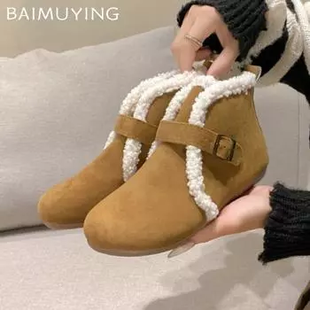 Fur Flats Women Snow Ankle Boots Suede Short Plush Casual Cotton Shoes 2025 Trend Designer Buckle Warm Winter Botas De Mujer 35 коричневый