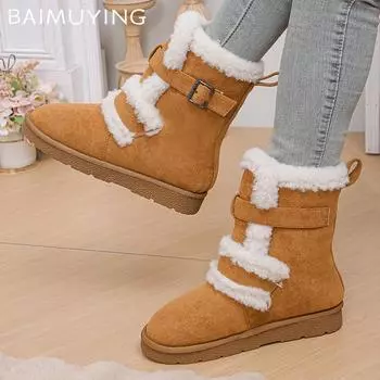 Fur Flats Women Snow Ankle Boots Suede Short Plush Designer New Cotton Shoes 2025 Trend Warm Cozy Casual Winter Botas De Mujer 36 коричневый