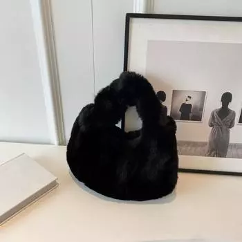 Fur Handbags Women s Small Half Moon Bag Warm Plush Wrist Bags Fashion Furry Short Handle Clutch Ladies Shoulder Bags 30x7x19cm чёрный
