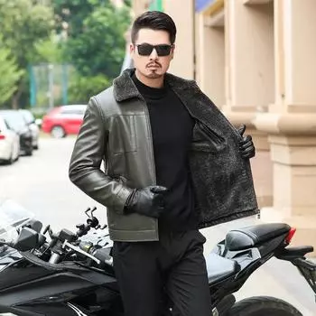 Fur-in-one men s new winter new velvet thickened stand-up collar men s leather jacket middle-aged simple leather jacket M