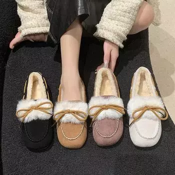 Fur integrated Doudou shoes women s winter velvet 2025 new versatile flat-bottomed thick-soled one-pedal hairy ladyshoes women 35