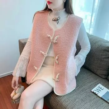 Fur integrated horn buckle vest vest 2024 autumn and winter new Korean version top women s lamb wool vest jacket women S розовый