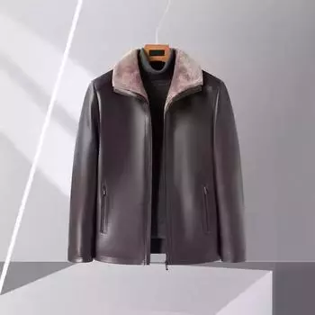 Куртка из натуральной кожи с меховым покрытием, мужская кожаная куртка из утолщенного бархата, зимняя, теплая, с отворотами, для папы, мягкая кожаная куртка M