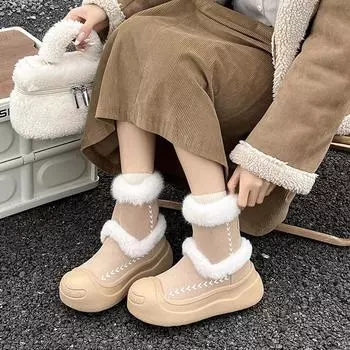 Fur integrated snow boots women s 2025 winter new open smile thick-soled versatile velvet thickened warm cotton boots 35 синий