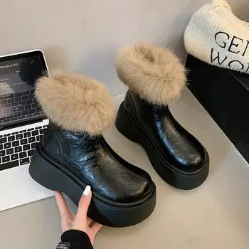 Fur integrated snow boots women s new winter non-slip warm piled thick-soled large cotton shoes 35