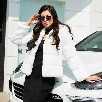 Fur jacket autumn and winter fur jacket women s imitation rabbit fur splicing with hat long-sleeved fur coat S белый